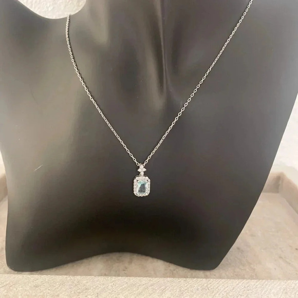 925 Sterling Silver Aquamarine Pendant Necklace Dainty CZ Diamond Necklace - Picture 5 of 9